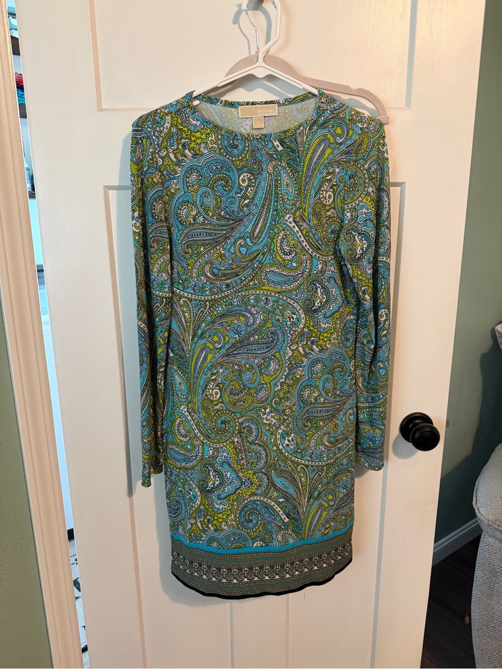 Michael Kors Paisley Long Sleeve Shift Dress in Green & Blue